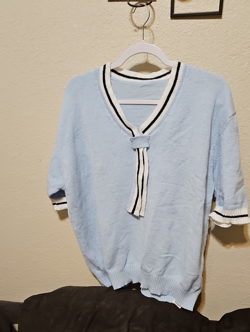 Light Blue V-Neck Knit Sweater with Striped Trim